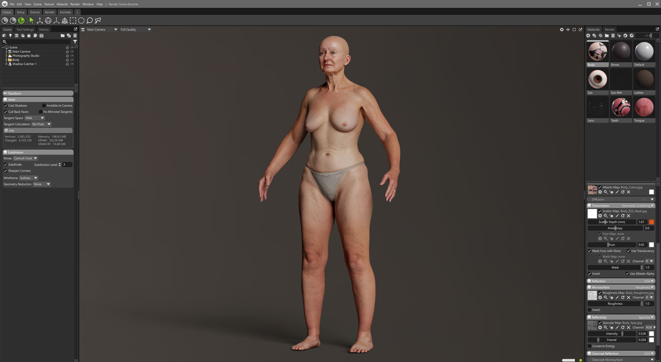 Marmoset Toolbag real-time scene render of an older female 3D body scan with PBR shading